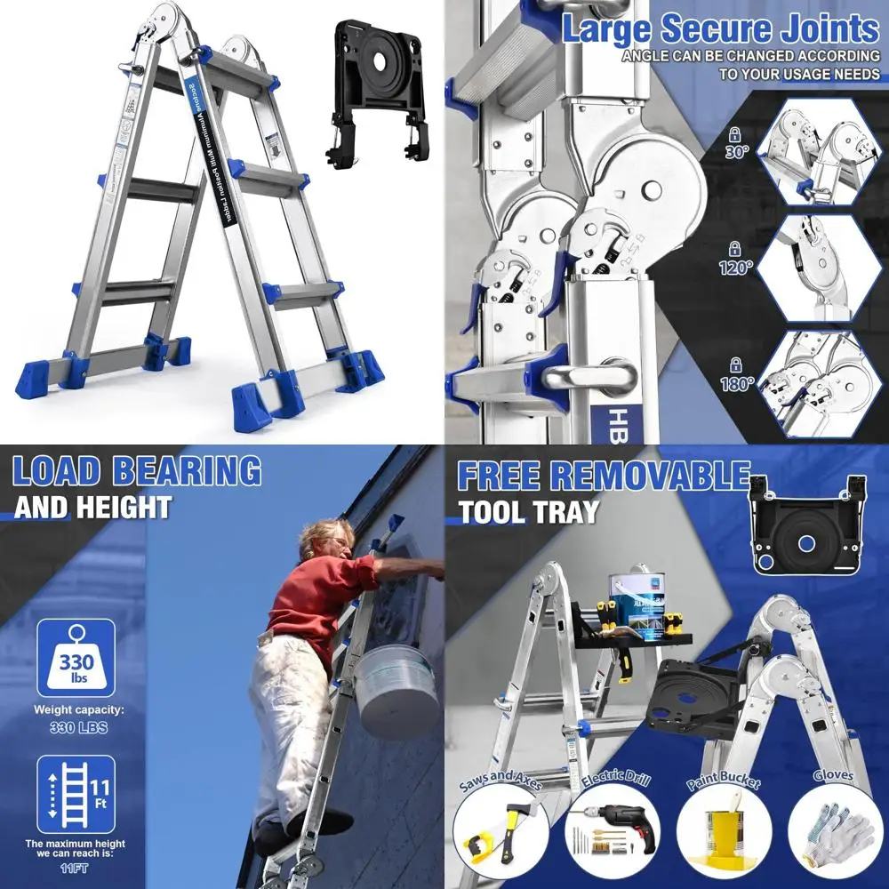 Escalera de extensión de 3 escalones, 11 pies regulable, con bandeja desmontable y estabilizador