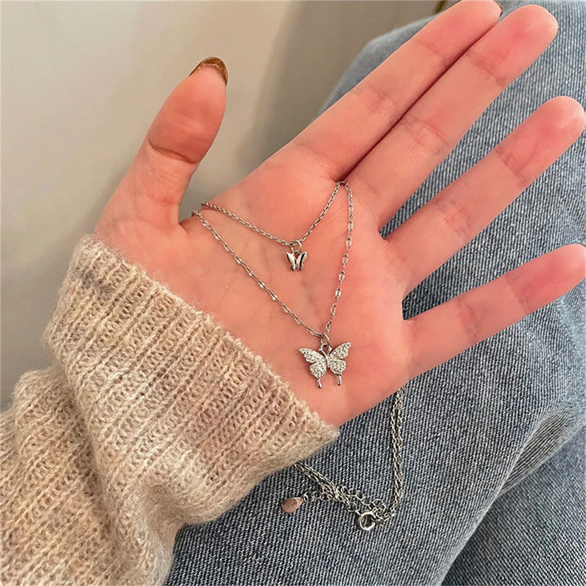 Fashion Creative Buttefly Necklace Change Emotion Feeling Temperature Control Heart Pendant Stainless Steel Chain Jewelry Girl