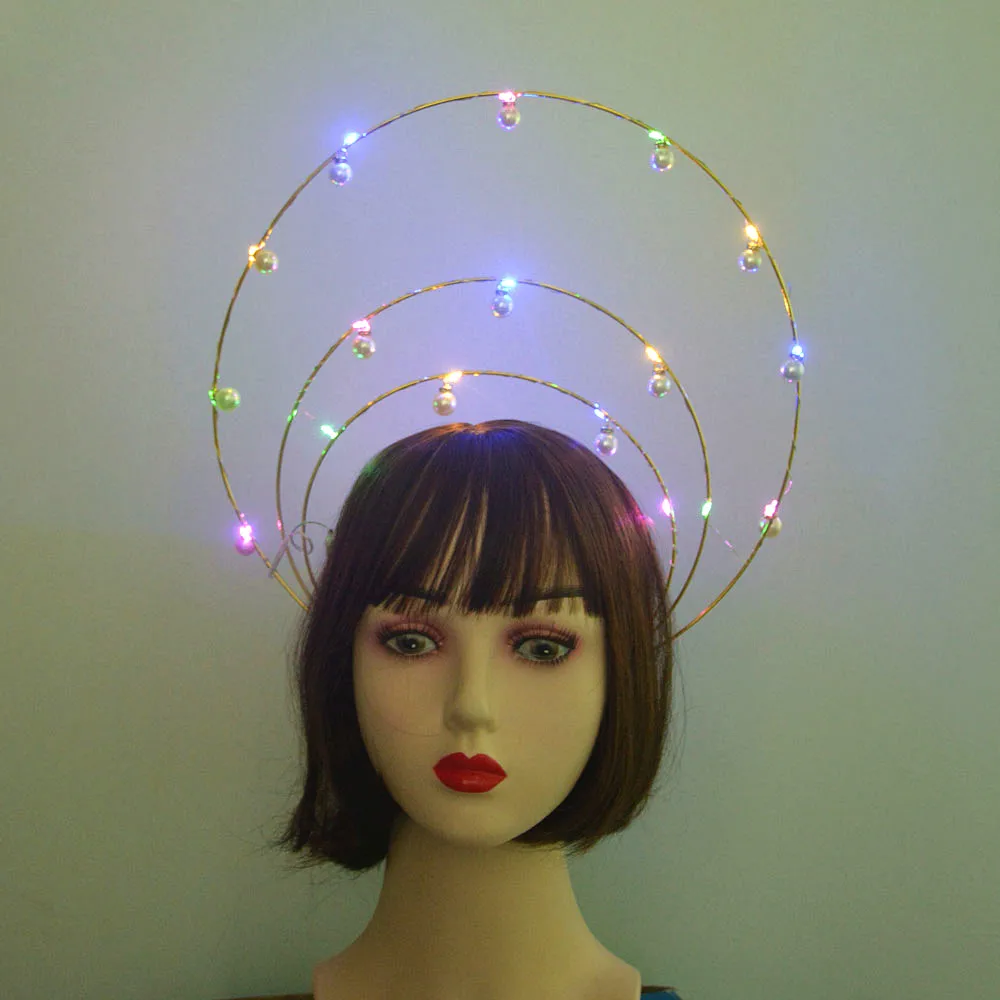 LED Light Up Glowing Women Girls Pearl Angel Bridal Silvery Gold Halo Headband Goddess Crown Photoshoot Hair Band  Christmas