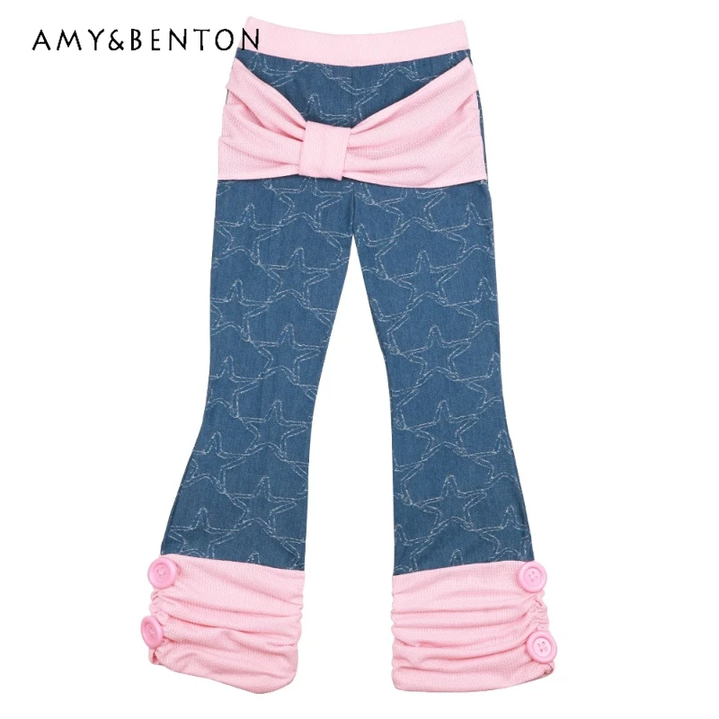 

Original Design Y2K Retro Splicing Color Star Pattern Women's Long Pants Autumn Winter New Loose Versatile Flared Jeans Ladies