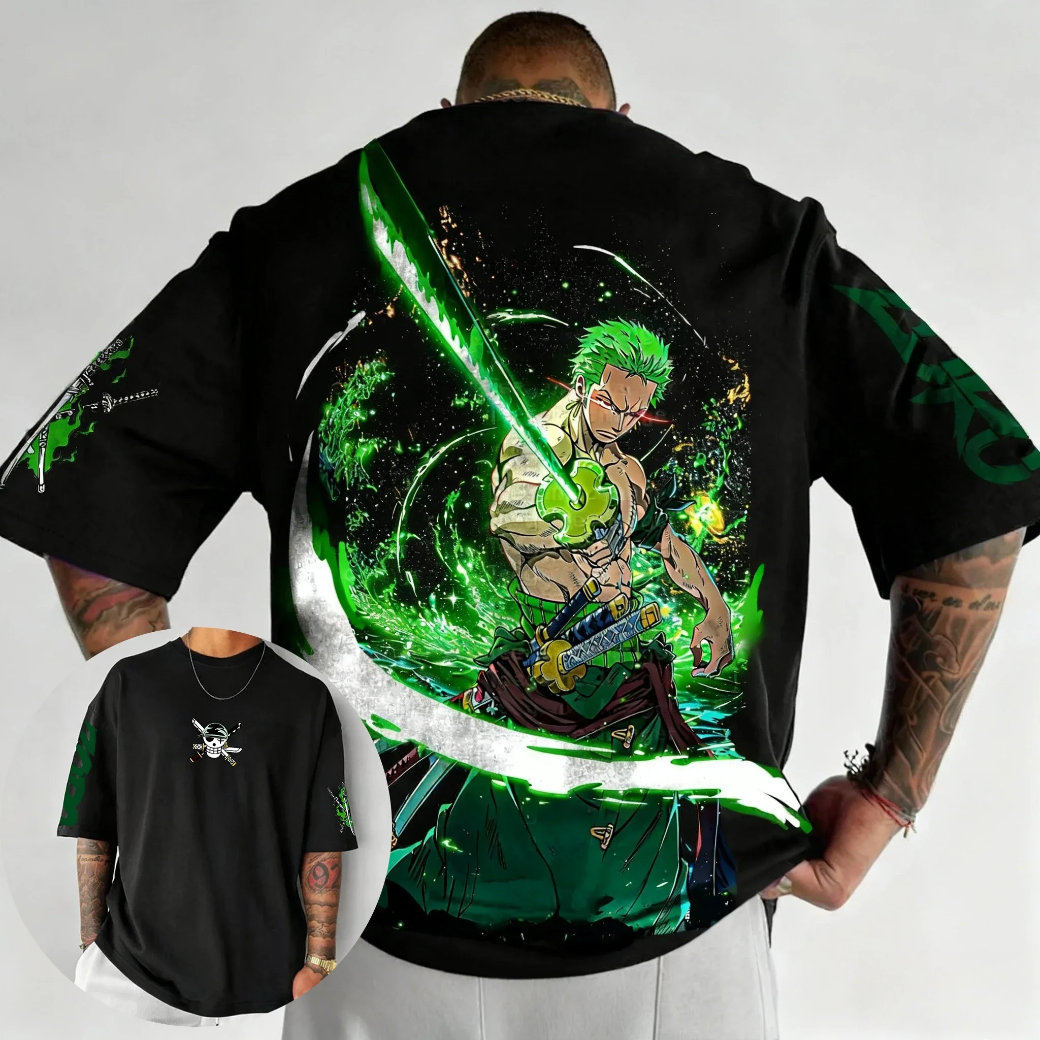 원피스 애니메이션 롤로노아 조로 티셔츠 남성 여름 신상 일본 하라주쿠 스타일 대형 사이즈 트렌드 Y2K 캐주얼 데일리 부모 자녀 상의