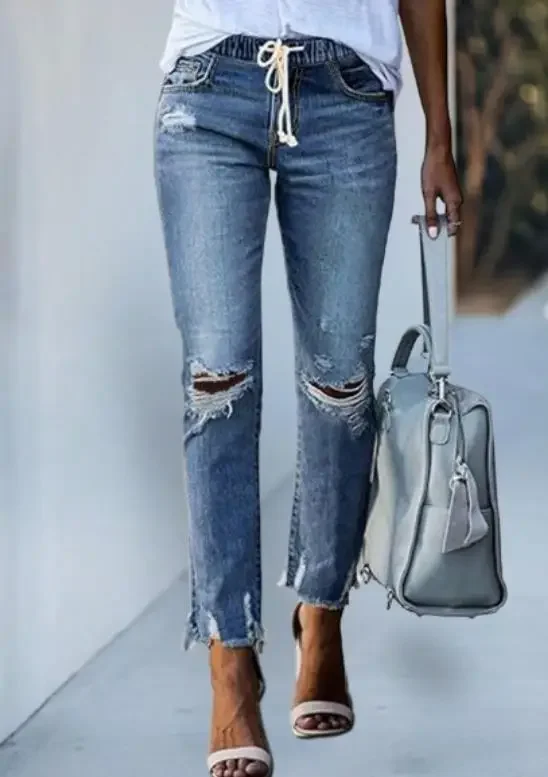

Spring Women's New Fashion Drawstring Ripped Jeans 2026 Female Daily Clothing Street Style Female Casual Denim Pants