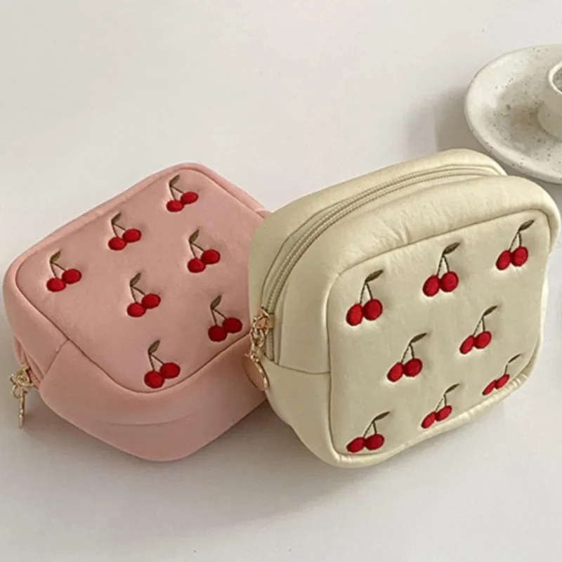 Cherry Embroidery Coin Purse PU Leather Trend Short Zipper Wallet Women Cute Mini Wallet Student Simple Fashion Wallets 2024