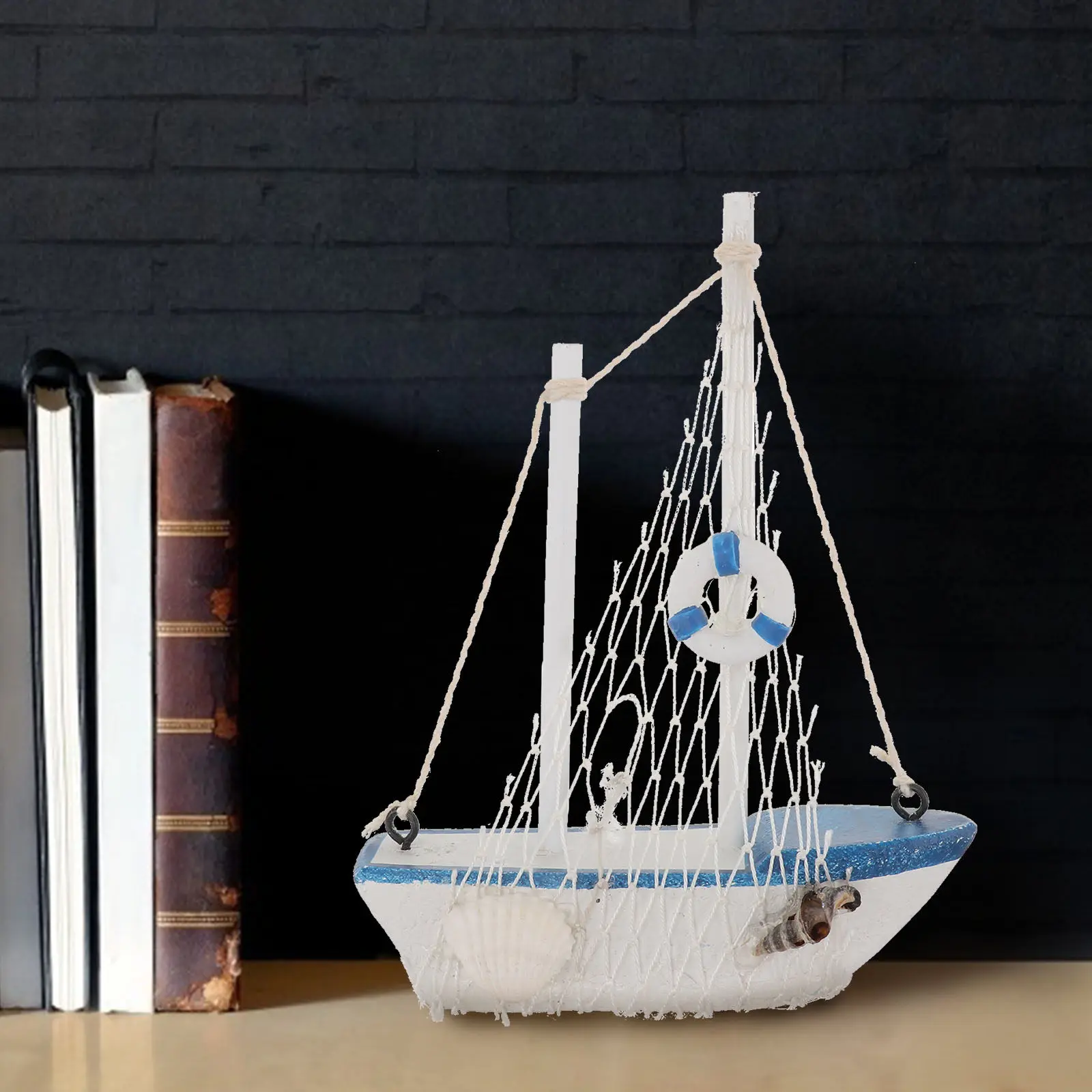 

4Pcs Elegant Mediterranean Sailboat Decor Wooden Boat Craft Navy Blue White Rustic Coastal Theme Home Office Decoration Photo