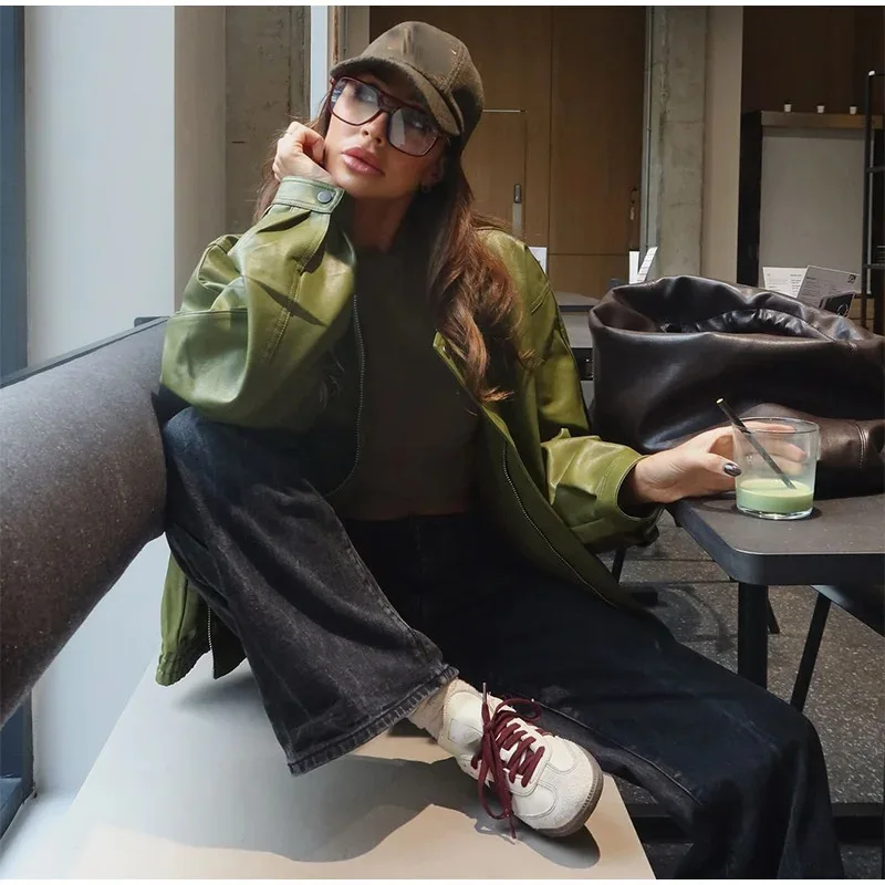 Silhouette Vintage Leather Jacket Coat Olive Green High Street Trendy Zipper Lapel Short Outwear Loose Motorcycle Jackets Top