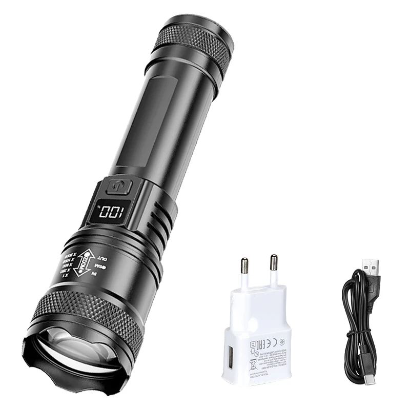 울트라 브라이트 LED 손전등 2000LM Type-C 충전식 장거리 줌 전술 토치 야외 비상 캠핑 낚시 랜턴