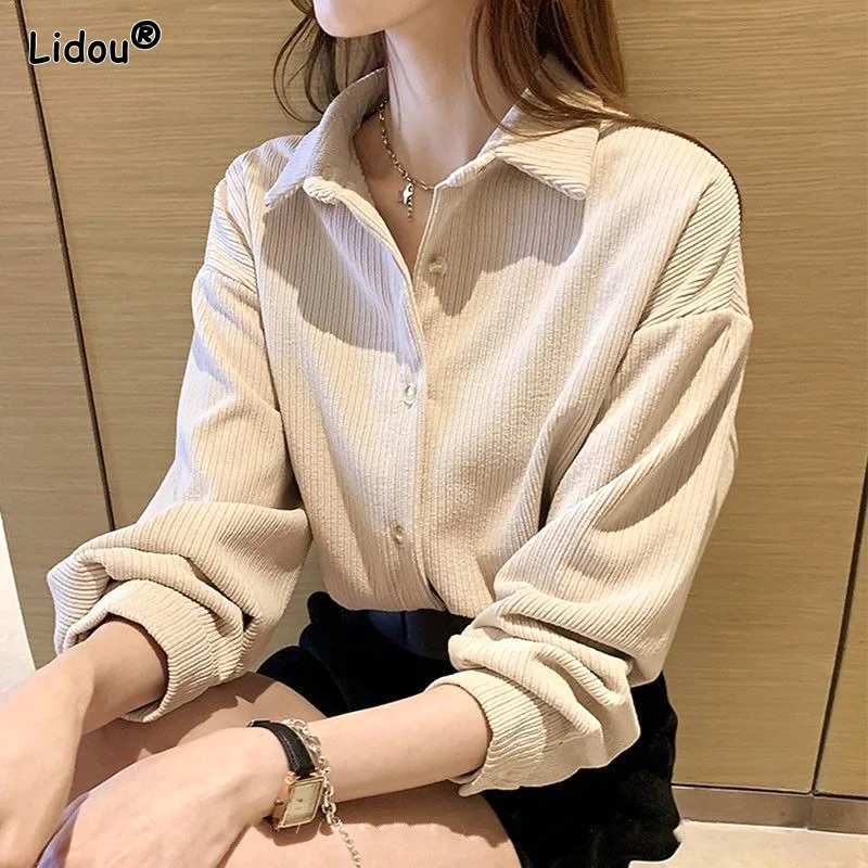 Autumn Winter Thin Corduroy Solid Loose Straight Button Turn-down Collar Casual Blouses Drop Sleeves Women\'s Clothing Dignified