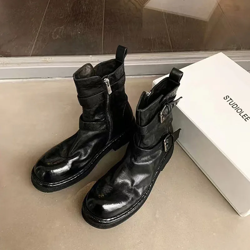 

Women's Fashion Ankle Boots Black Leather Buckle Boots with Side Zipper