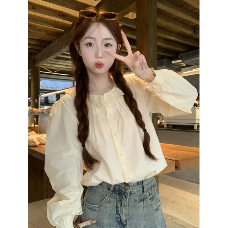 

Early Spring Top Design College Lace Splicing Doll Collar Versatile Shirt Women's Blue Bottom Shirt
