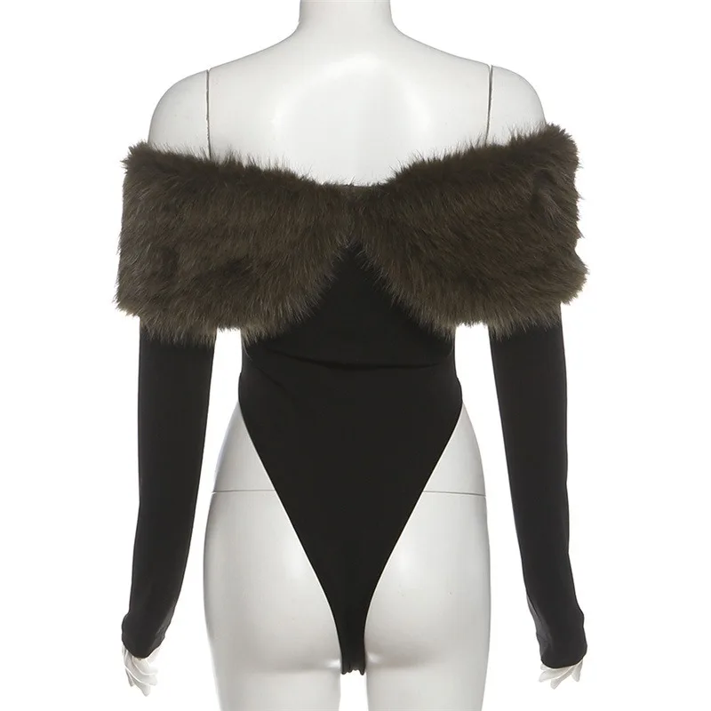 ملابس داخلية أنيقة ضيقة لخريف وشتاء 2025 بدون أكتاف من الفرو ملابس نسائية برقبة مائلة وأكمام طويلة بدون ظهر ضيقة للشارع