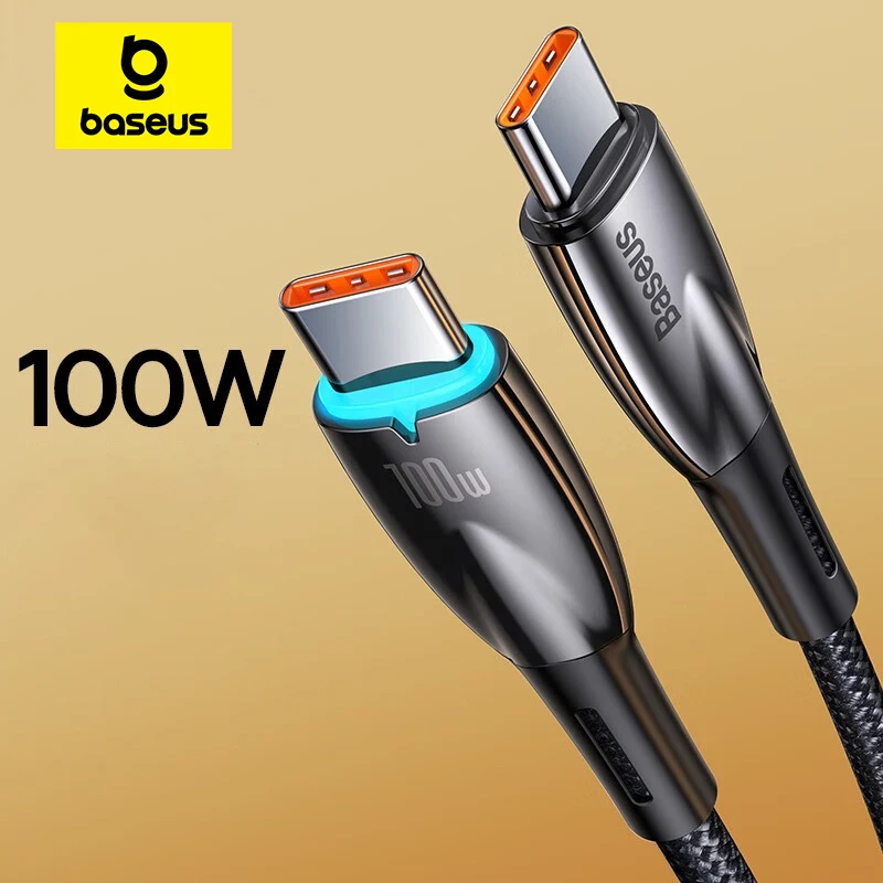 Baseus PD100W USB Cable For iPhone 16 15 ProMax Led Light Fast Charging Data Cable Type-C Phone Cord For Xiaomi Samsung Laptop