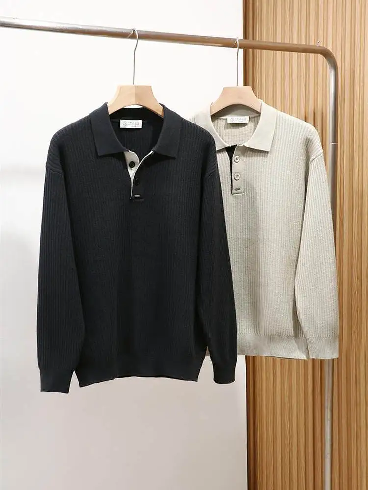 

Italian Sle Men's Ne Long Sve Knitted irt Textured Fabric Vintage Look Casual Comfortable Breathable