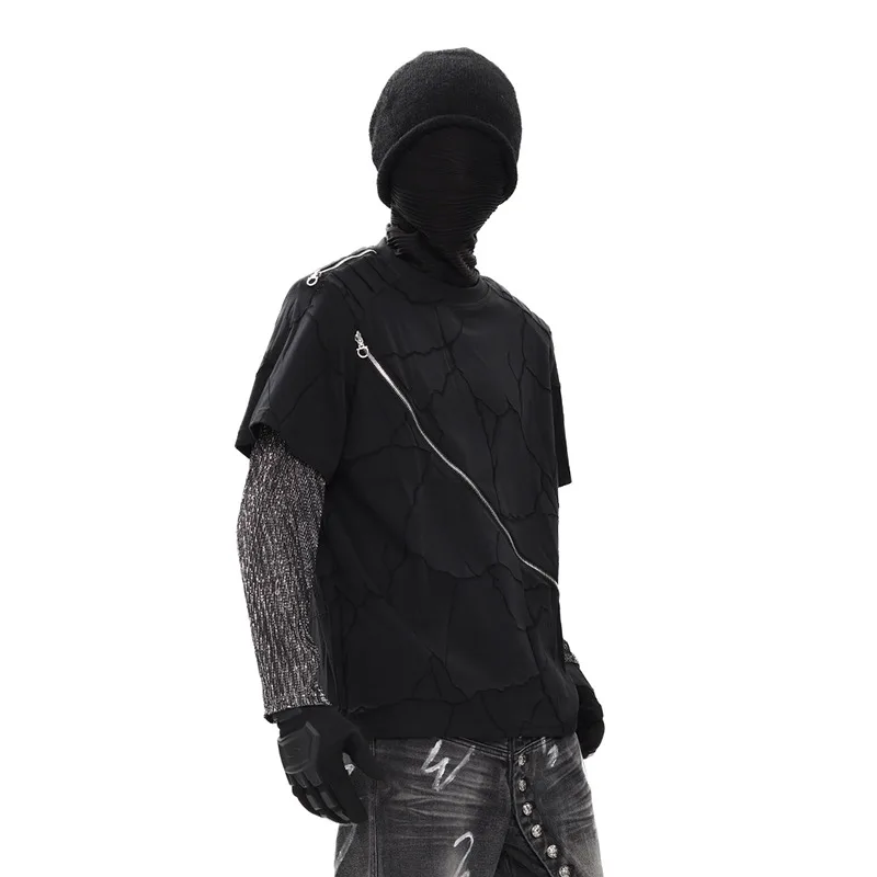 MWJLPWQ Deconstructed Design Texture Fake Two-Piece T-Shirt Men's Long Sleeve High-End Metal Zipper Pullover Casual Tops 11463