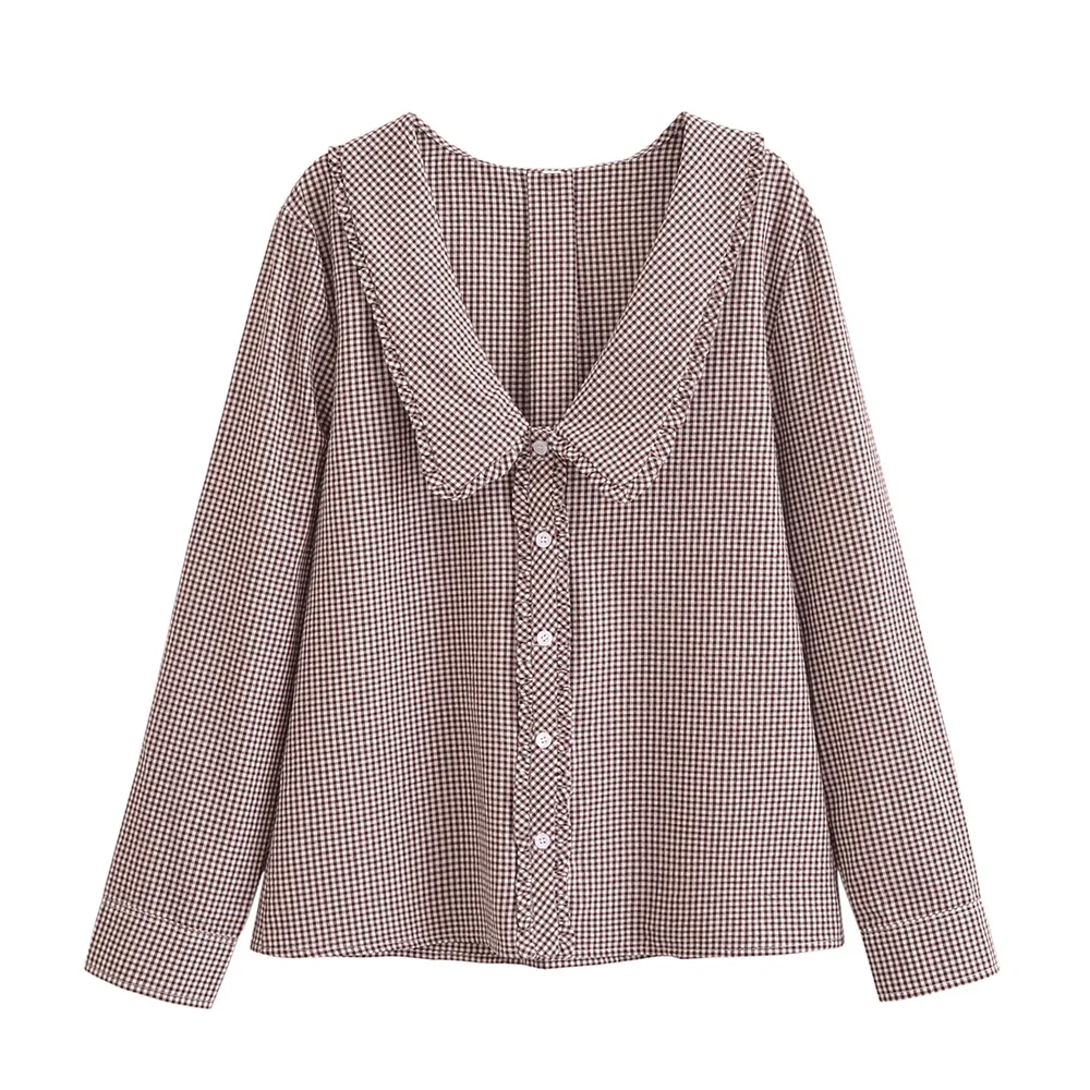 2024 autumn and winter temperament casual versatile new khaki small round collar fluffy long sleeved checkered shirt