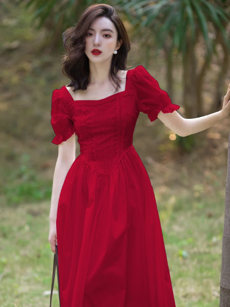 French Style High Waist Red Dress Fairy Tale First Love Series Court Style Summer Dress Elegant Hepburn Vibes Bubble Sleeve