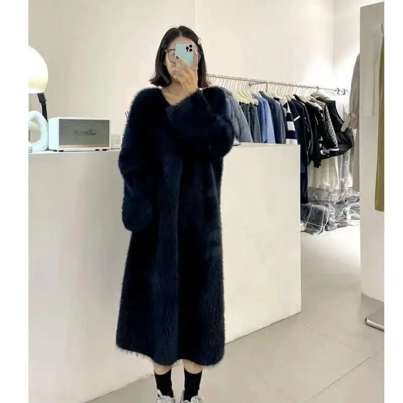 Autumn Winter New Fashion V-neck Long Sleeve Solid Mink Fur Women\'s Clothing Slim Korean All-match Temperament Knitting Dresses