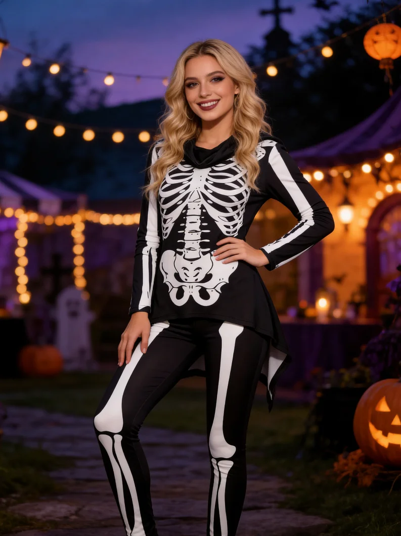 Gothic Skeleton Print Halloween Costume Set Trendy European American Style Spooky Season Selection 2026