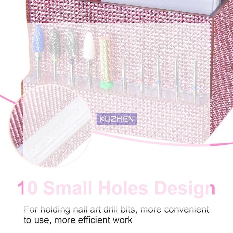 /Kuz/1Pcs Large-Capacity Dual-Compartment Storage Box With 10-Slot Drill Bit Holder Rhinestone Nail Art Tool Organizer