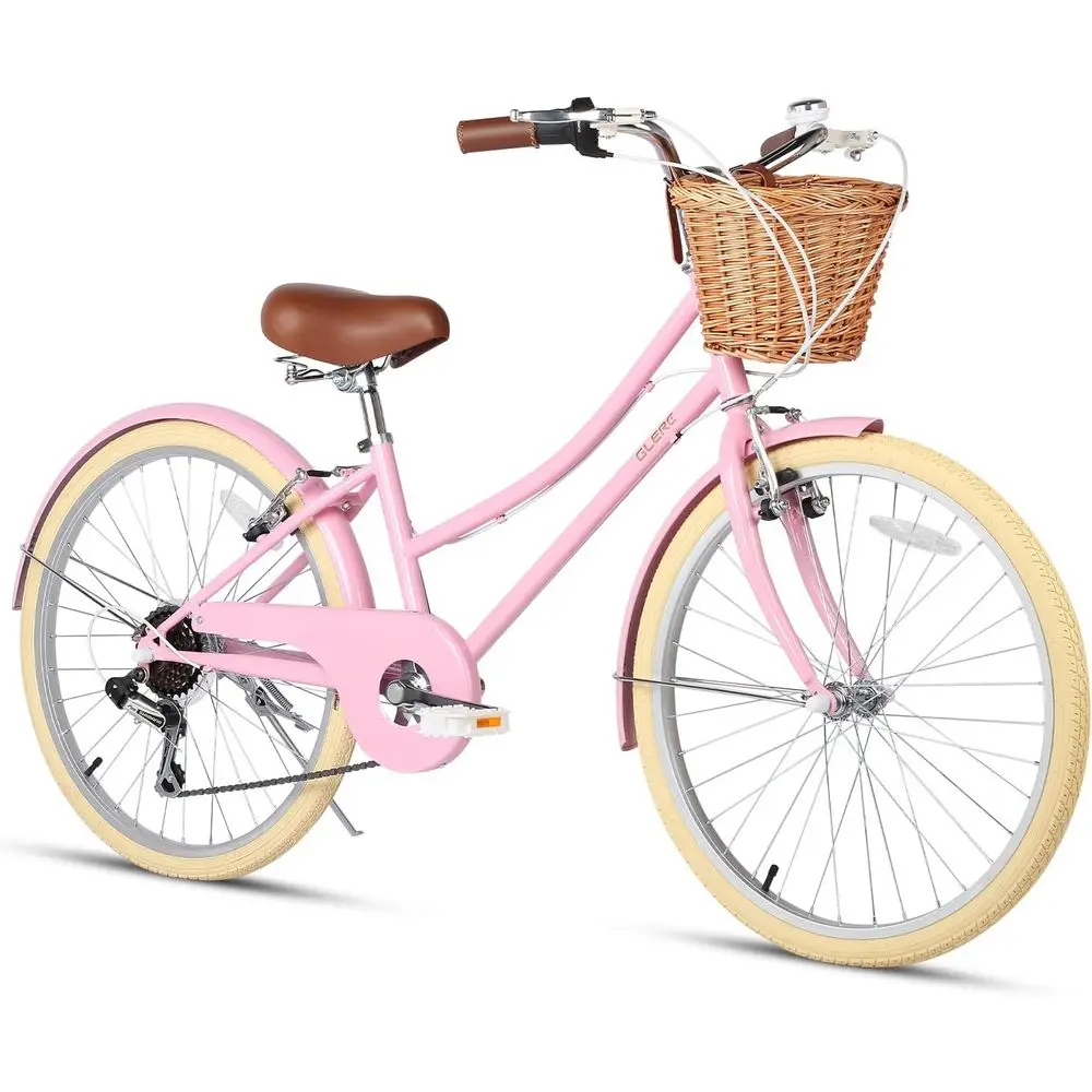 

6-Speed 20-24-26 Inch Beach Cruiser Bike for Girls and Youths Over 6, with Wicker Basket and Lightweight Design