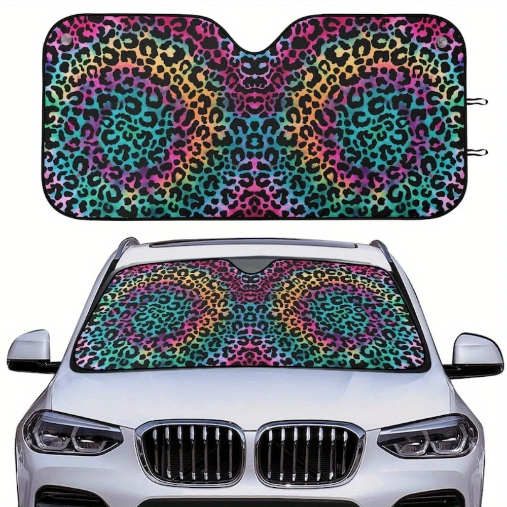 Rainbow Leopard Car Sunshade Leopard Print Auto Sun Shade Tie Dye Rainbow Cheetah Print Windshield Visor Boho Hippie Sun Reflect