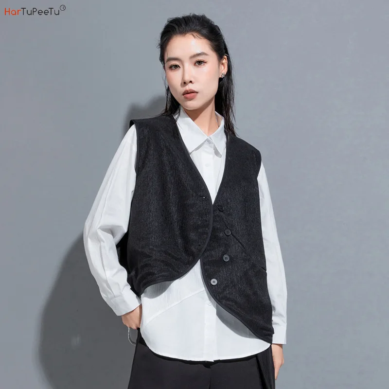 2023 Autumn Women Black Vest Coat Asymmetric Length Loose Casual Jacket Sleeveless Outwear