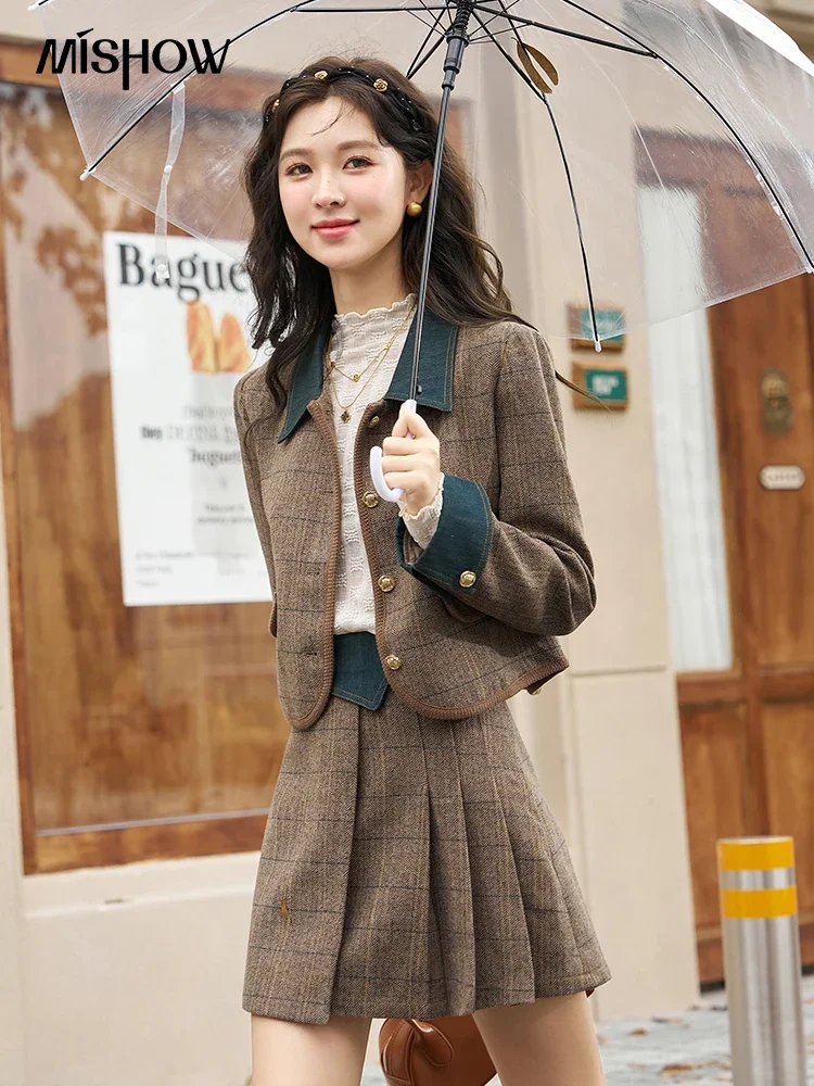 MISHOW Fashion Retro Plaid Suit for Women Autumn Wool Jacket Pleated Skirt Two-piece Sets Separately Office Lady MXC47W0154