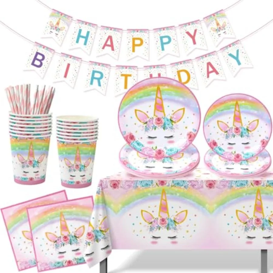 

Украшения на день рождения с единорогом для девочек, 82 шт., принадлежности для вечеринок с радужным единорогом включают одноразовую посуду, скатерти и баннеры
