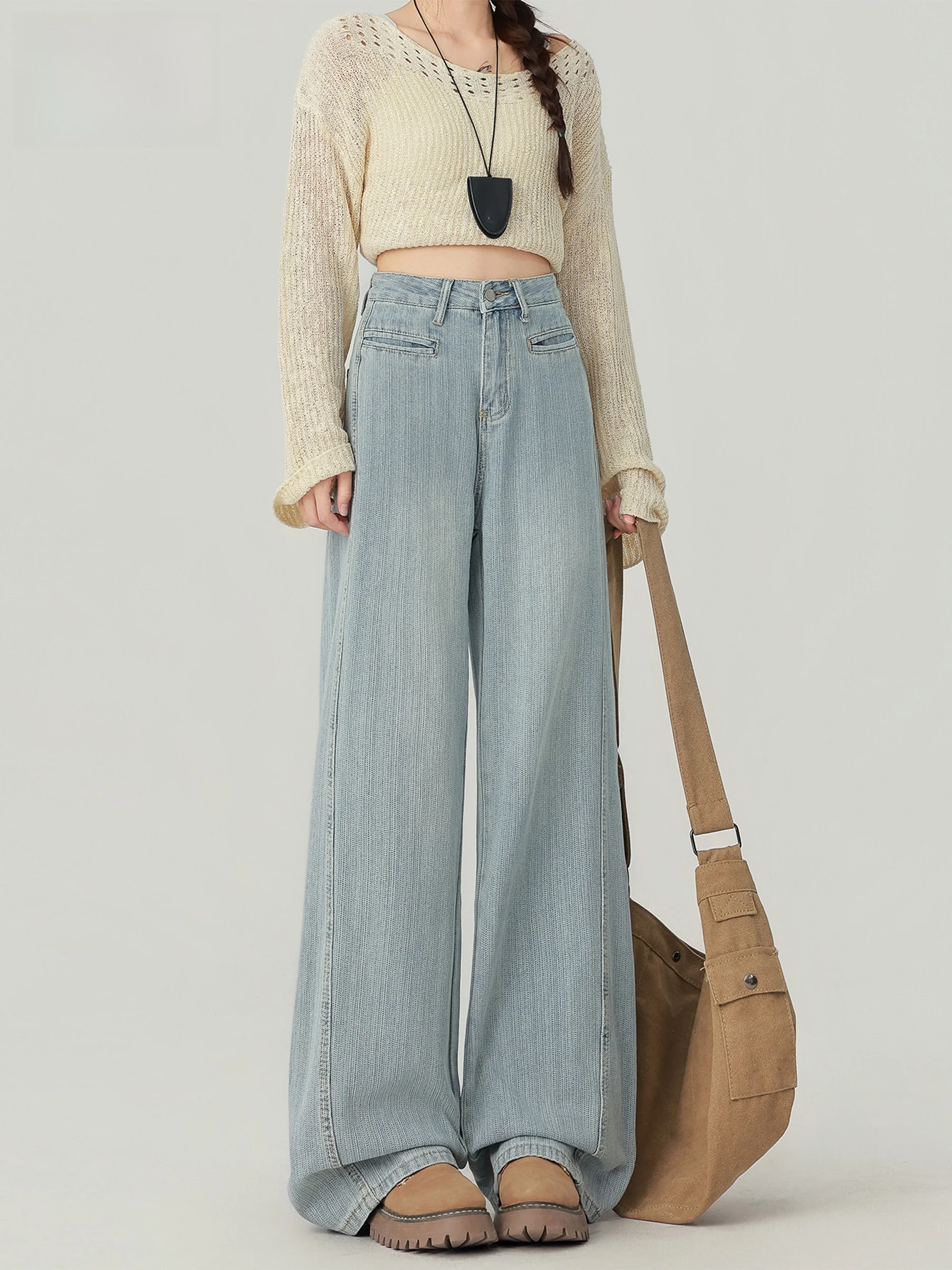 

Светло-голубые джинсы с вышивкой, прямые, женские, свободного кроя, с эффектом похудения, широкие брюки в пол, повседневные, с высокой талией, из денима