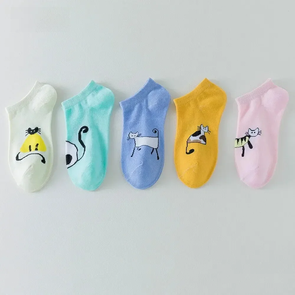 5 Pairs of WOMEN\'S Boat Socks, Cute Cat Comfortable and Breathable Short Socks, Odor and Sweat Resistant Low Cut Ankle Socks 5 P