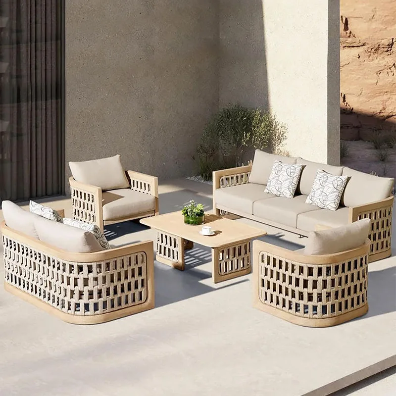 

Outdoor sofa courtyard teak rattan coffee table Nordic combination balcony open air