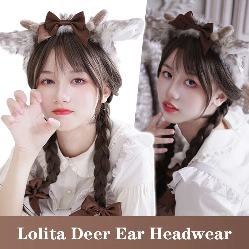 

Japanese Kawaii Elk Ear Hair Band Plush Christmas Elk Antlers Headband KC JK Girl Lolita Sweet Princess Hair Hoop Handwork