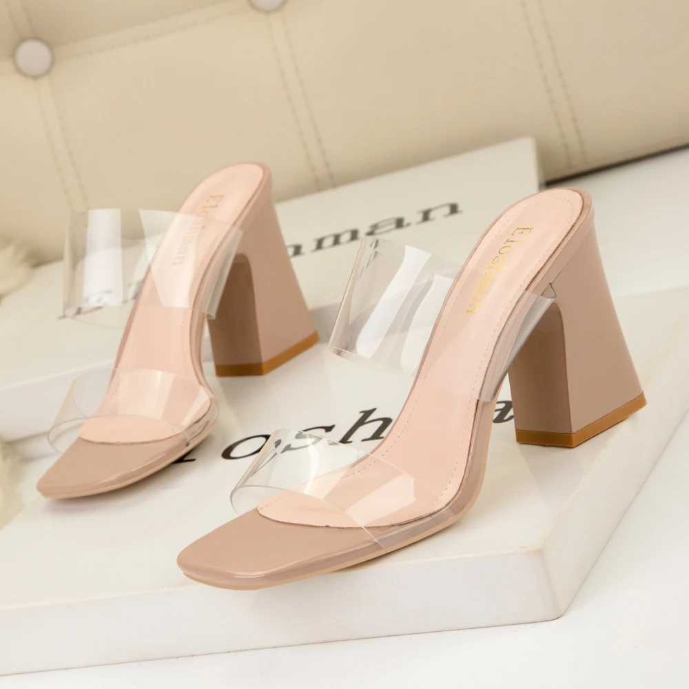 2023 Summer Women Block Fetish 8.5cm High Heels Nude Mules Transparent Thick Sandals Female Pumps Clear Low Heels Black Shoes