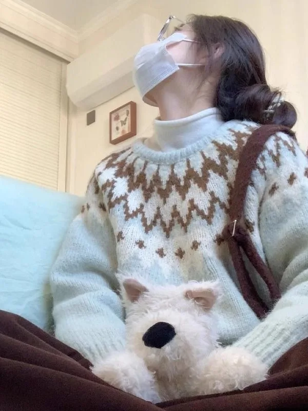 

Loose Fit Thiened round Ne Knitted Sweater Women's Autumn Winter New Sle Lazy Faion High Sensation Camere Sweater