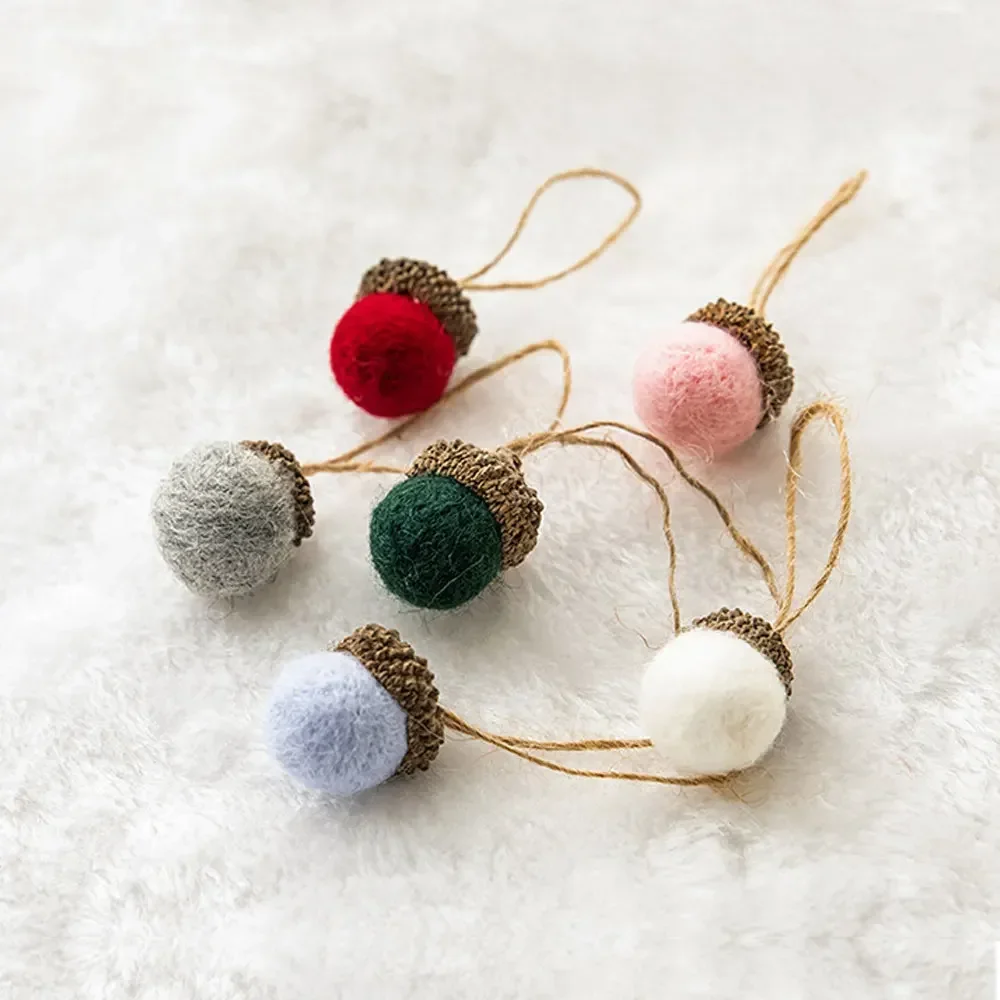 New Year 2023 6pcs Xmas Tree Ornament Wool Felt Pine Tower Ball Pine Cone Acorn String DIY Material Pendant Christmas Decor Home