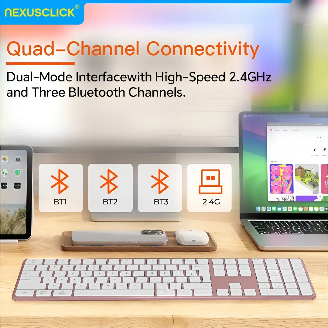 NexusClick Rechargeable Wireless Keyboard Mouse Combo,4‑Channel 2.4G BT Connection,Slim Quiet Keys,Adjustable DPI for Mac Office