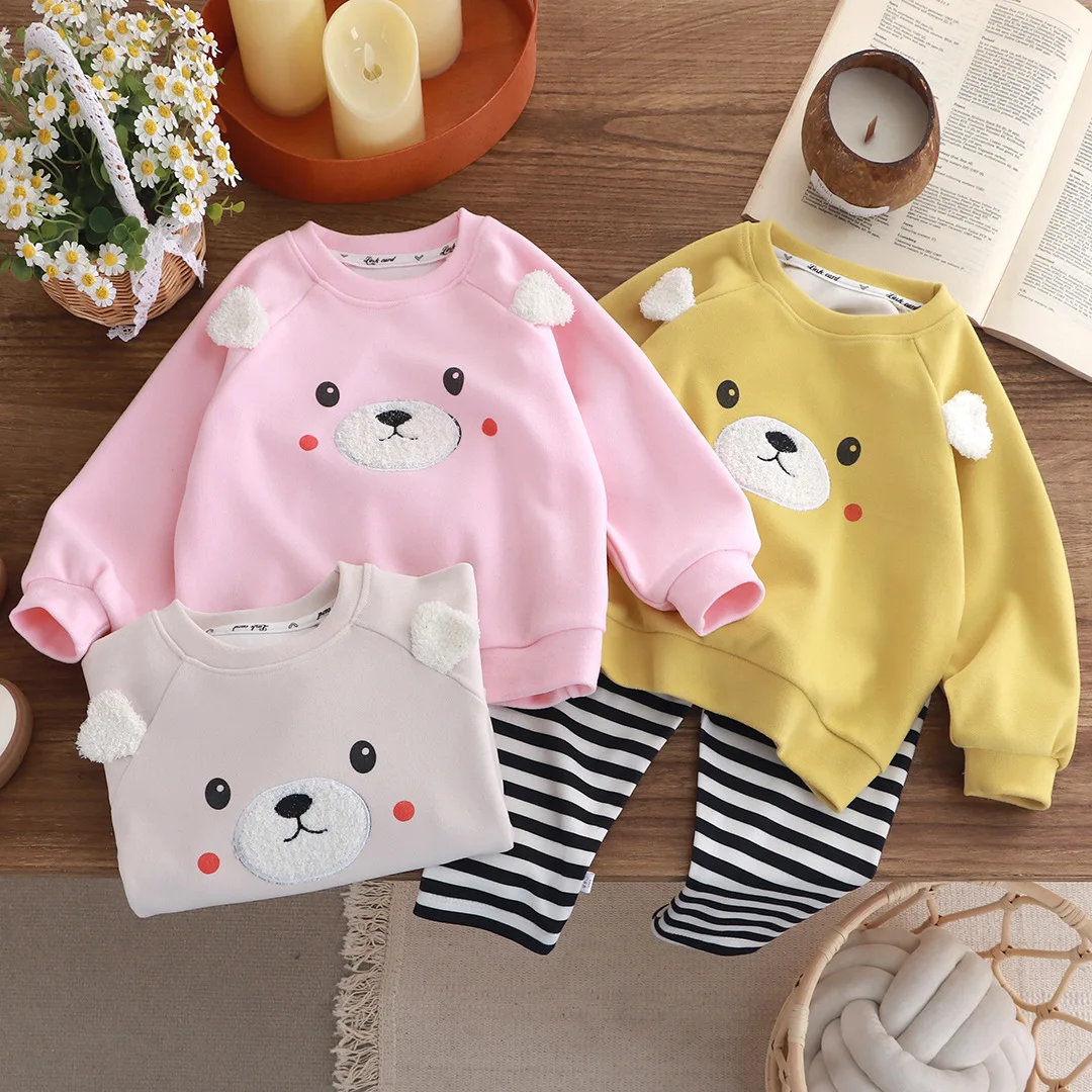 

Комплекты детской одежды Bear Plus, флисовая толстовка с капюшоном + полосатые штаны, комплекты из 2 предметов, детская одежда, детская эксклюзивная одежда для девочек