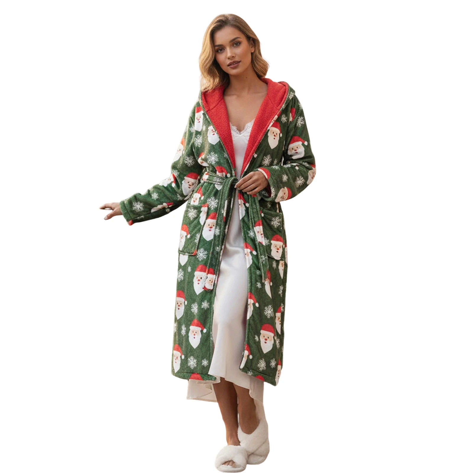

Women s Christmas Long Bathrobes Fashionable Soft Warm Reindeer Print Hooded Robes