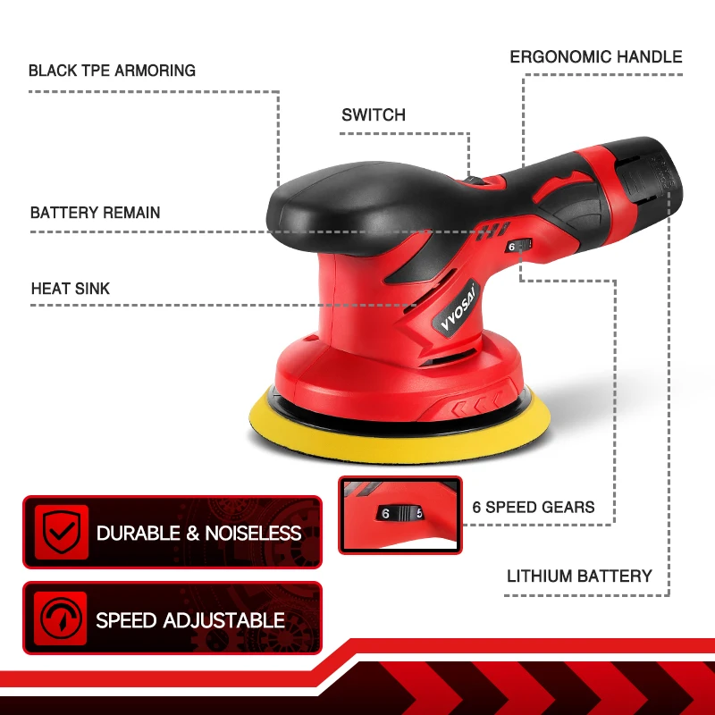 VVOSAI 12V Cordless Car Polisher 6 Speed Adjustment Electric Dual Action Wireless Car Polishing Machine and Waxing Power Tools