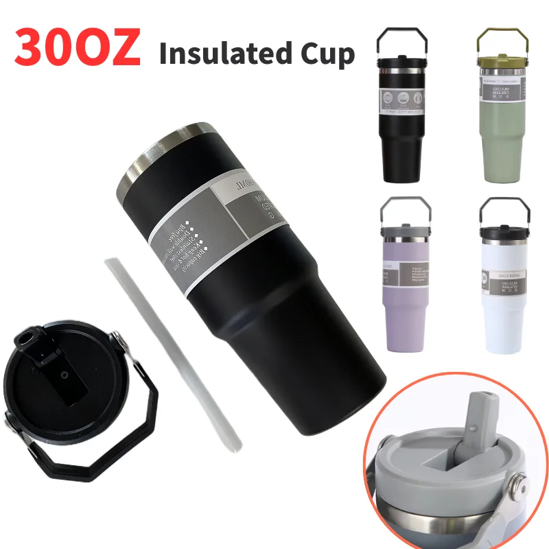 30oz Large Capacity Portable Car Cup Stainless Steel Thermos Bottle with Straw & Handle Travel Sports Water Bottle Vacuum Flask