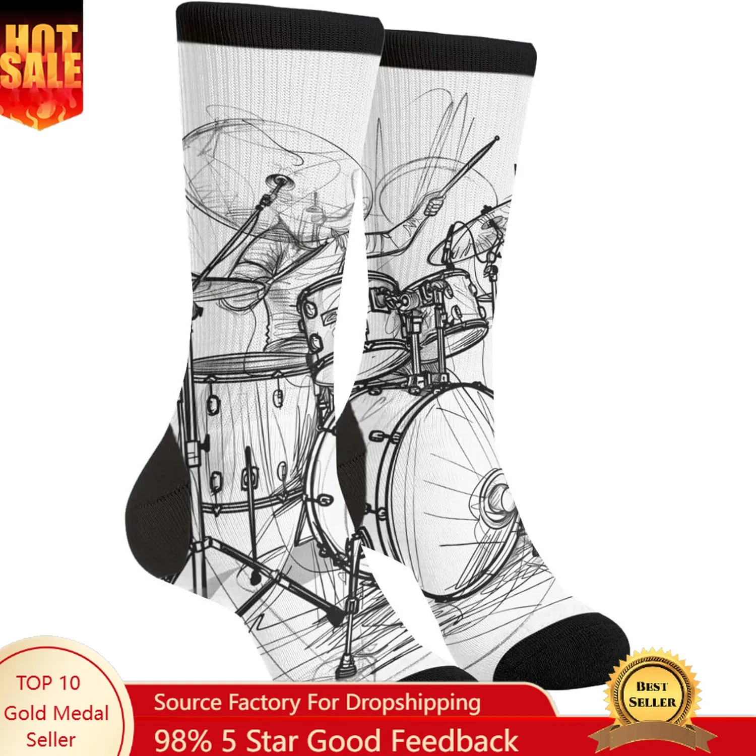 

Graffiti Sketch Drummer Music Men's Unisex Novelty Crew Socks Funny Crazy Dress Socks, Black and White