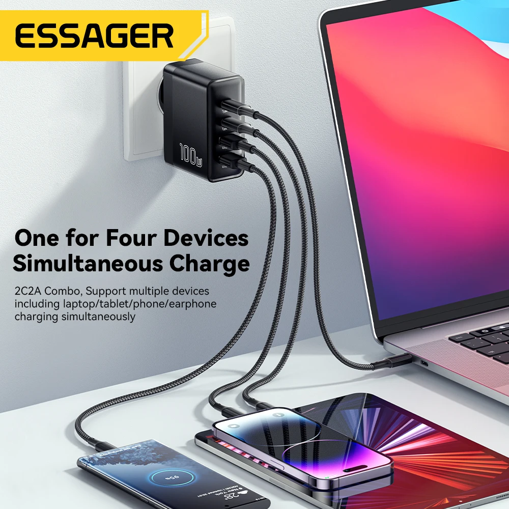 Essager 100 واط USB نوع C شاحن 65 واط PD شحن سريع 4.0 3.0 نوع-C شحن سريع آيفون 16 15 14 13 برو شاومي ماك بوك المحمول