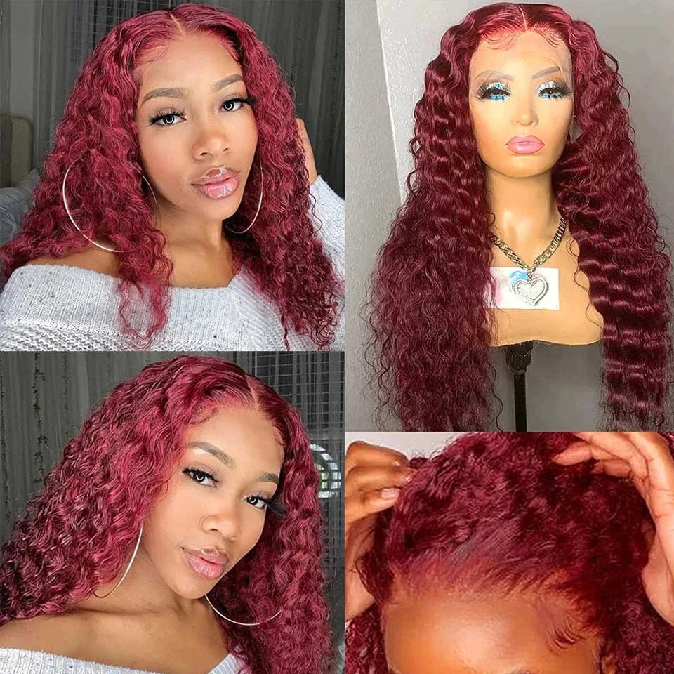 

99J Burgundy Deep Wave Lace Front Wig Human Hair Pre-Plucked 13x4 13x6 HD Lace Frontal Deep Curly Wigs 220% Density Wine Red Colored Wigs for Black Women Deep Part