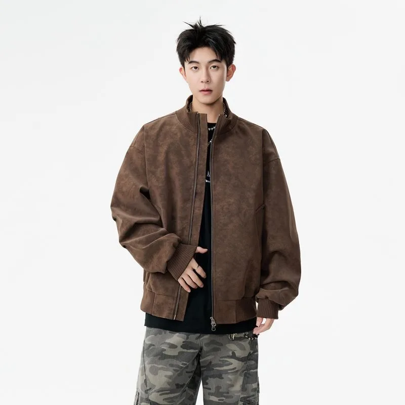 

Американский Sle из искусственной кожи в стиле ретро, мотоциклетный теплый воротник-стойка, свободный модный топ для мужчин и женщин