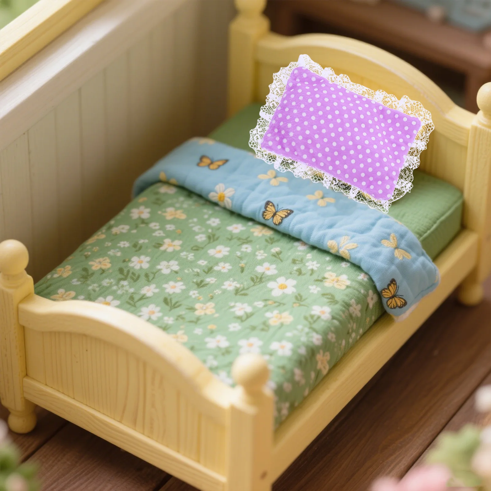 

House Bedding Set Quilt Tiny Dollhouse Pillow Blanket Cloth Mini Furniture Model Toy