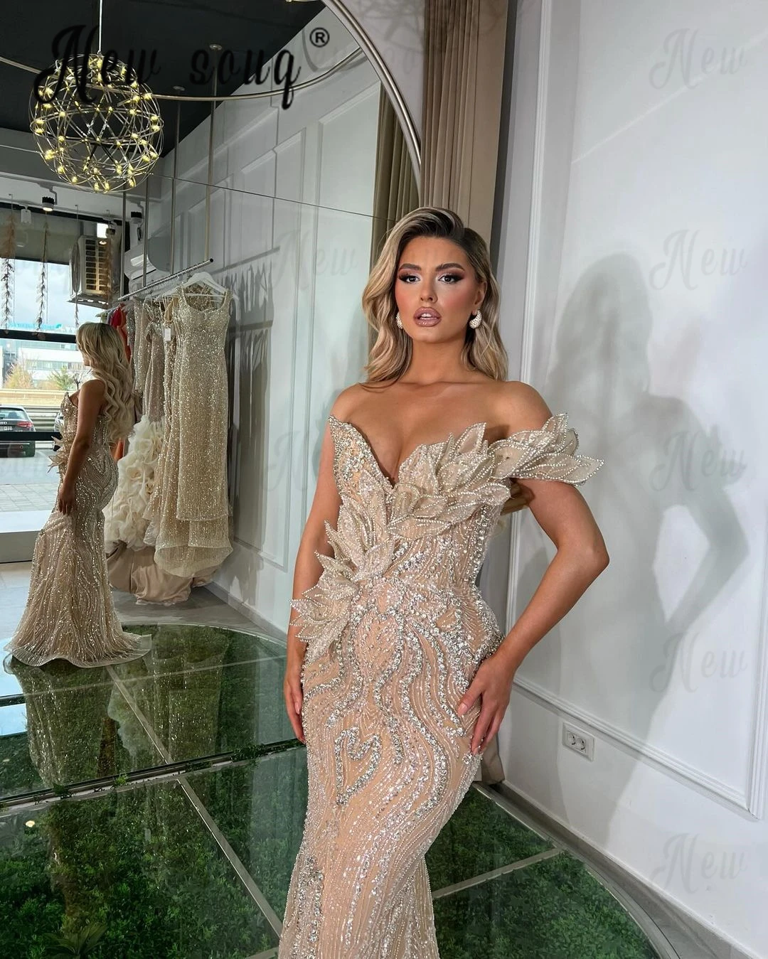 Champagne Off Shoulder V Neck Mermaid Full Beaded Evening Dress Leaf Design Wedding Party Gowns Luxury Birthday Event Dress 2024