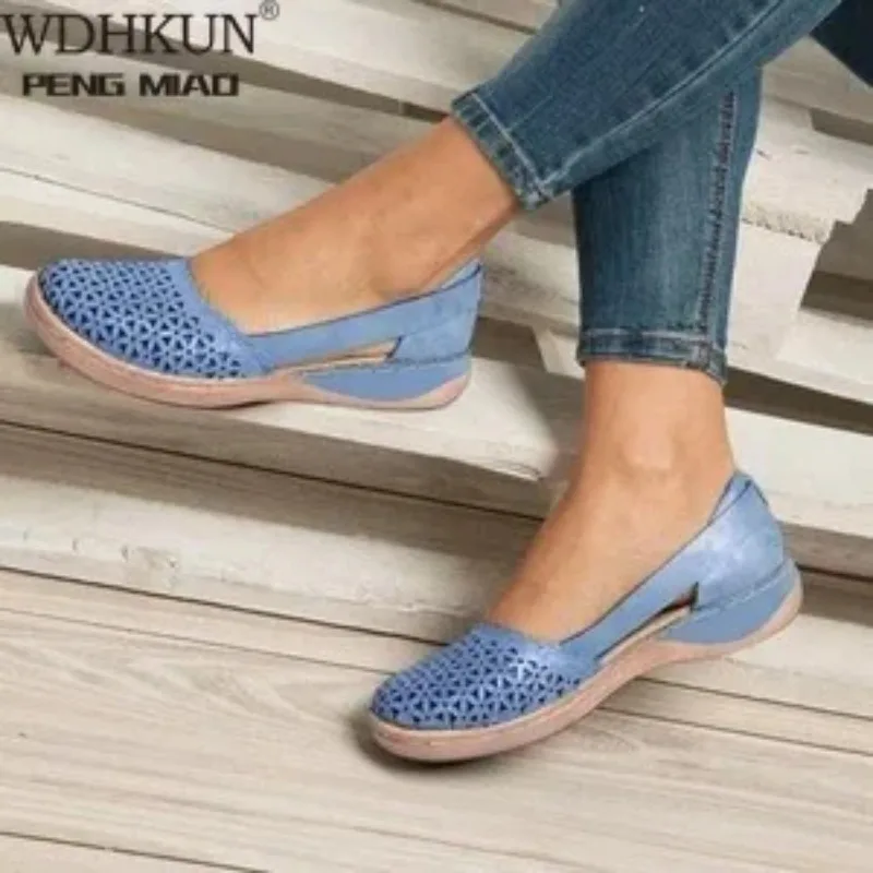 Letnie damskie kliny ortopedyczne sandały buty biurowe kobieta drążą zabytkowe buty Slip on Casual szycia panie Bunion sandał