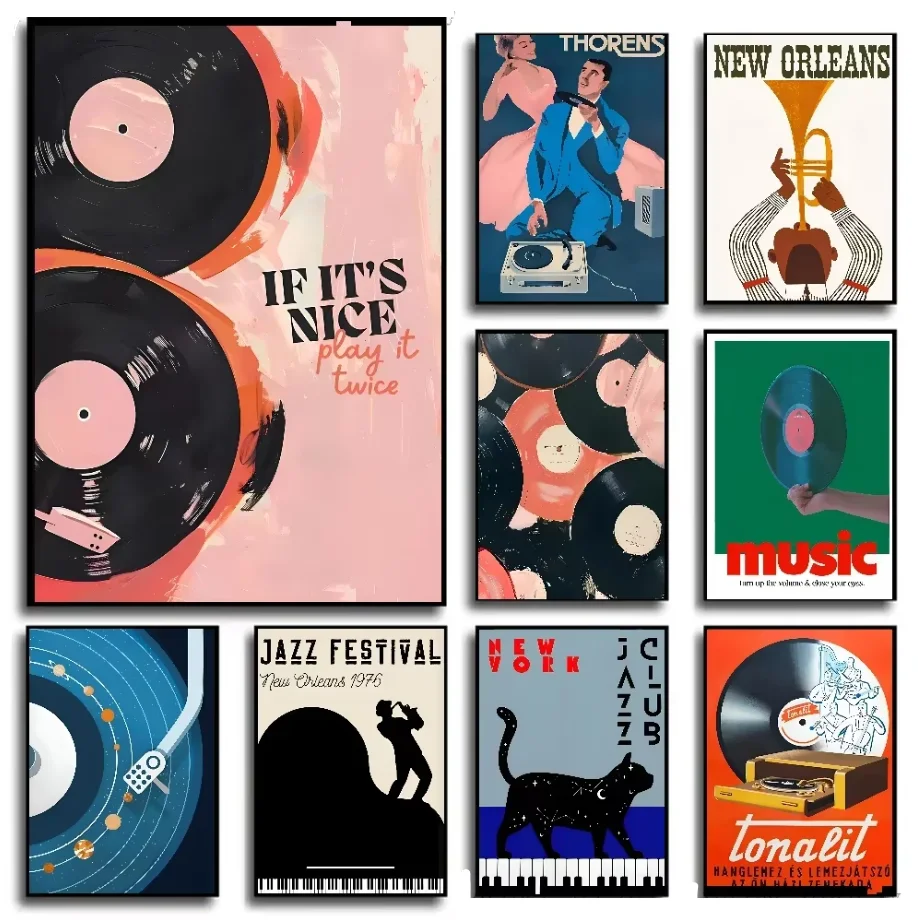 Abstract Jazz Festival Record Canvas Print Player Symbol Music Wall Art Poster for Modern Living Room Bar Restaurant Home Decor