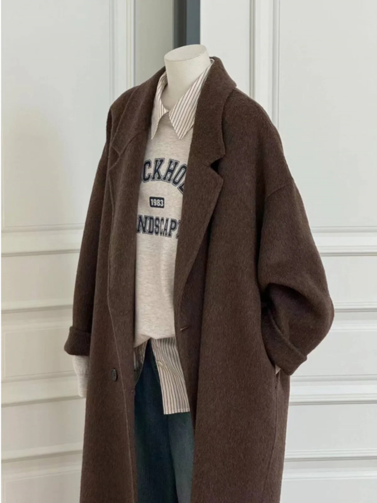 

Двустороннее шерстяное пальто средней длины в корейском стиле для женщин, зимняя модная верхняя одежда для повседневной носки, однотонное, с длинными рукавами