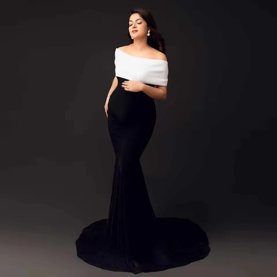 

Fashionable Black and White Mermaid Maternity Dresses for Photoshoot Off the Shoulder Stretchy Pregnancy Women Gowns Babyshower