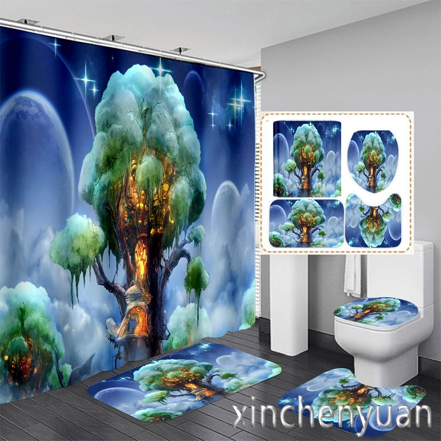 New 3D Print Color Fantasy Tree Shower Curtain Waterproof Bathroom Curtain Anti-slip Bath Mat Set Toilet Rugs Carpet VR43